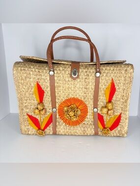 Vintage Straw Raffia Floral Embroidered Basket Bag Boho Summer Market Tote